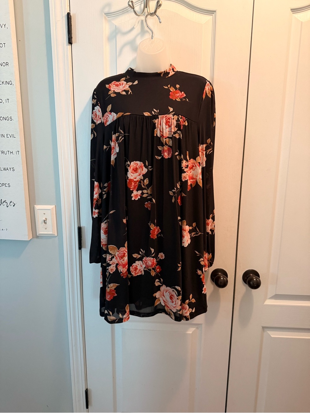 Forever 21 Black Babydoll Dress with Red Roses Sz L